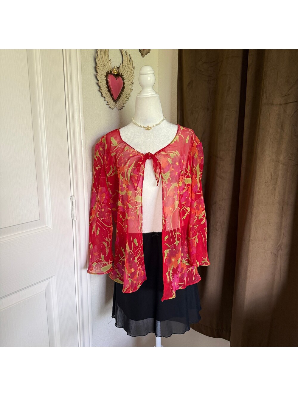 Sheer Red Pink Floral Tie-Front Kimono Top Y2K Fairycore Boho Bell Sleeve Vtg